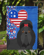 Load image into Gallery viewer, Black Shih Tzu Patriotic Heart Garden Flag – Red, White &amp; Blue Dog Decor with Star Background