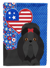 Load image into Gallery viewer, Black Shih Tzu Patriotic Heart Garden Flag – Red, White &amp; Blue Dog Decor with Star Background