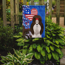 Load image into Gallery viewer, Liver and White Shih Tzu Patriotic Heart Garden Flag – Red, White &amp; Blue Dog Decor with Star Background