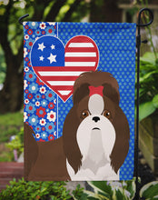 Load image into Gallery viewer, Liver and White Shih Tzu Patriotic Heart Garden Flag – Red, White &amp; Blue Dog Decor with Star Background