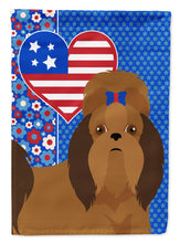 Load image into Gallery viewer, Red Shih Tzu Patriotic Heart Garden Flag – Red, White &amp; Blue Dog Decor with Star Background