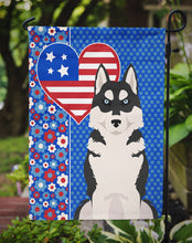 Load image into Gallery viewer, Black Siberian Husky Patriotic Heart Garden Flag – Red, White &amp; Blue Dog Decor with Star Background