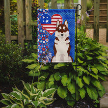 Load image into Gallery viewer, Red Siberian Husky Patriotic Heart Garden Flag – Red, White &amp; Blue Dog Decor with Star Background