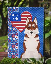 Load image into Gallery viewer, Red Siberian Husky Patriotic Heart Garden Flag – Red, White &amp; Blue Dog Decor with Star Background