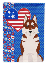 Load image into Gallery viewer, Red Siberian Husky Patriotic Heart Garden Flag – Red, White &amp; Blue Dog Decor with Star Background