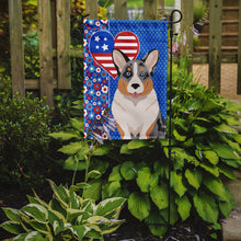 Load image into Gallery viewer, Blue Merle Cardigan Corgi Patriotic Heart Garden Flag – Red, White &amp; Blue Dog Decor with Star Background