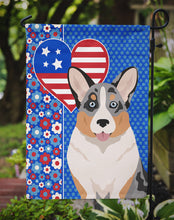 Load image into Gallery viewer, Blue Merle Cardigan Corgi Patriotic Heart Garden Flag – Red, White &amp; Blue Dog Decor with Star Background