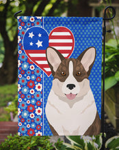 Load image into Gallery viewer, Brindle Cardigan Corgi Patriotic Heart Garden Flag – Red, White &amp; Blue Dog Decor with Star Background