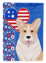 Load image into Gallery viewer, Fawn Cardigan Corgi Patriotic Heart Garden Flag – Red, White &amp; Blue Dog Decor with Star Background