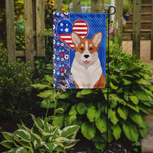 Load image into Gallery viewer, Red Cardigan Corgi Patriotic Heart Garden Flag – Red, White &amp; Blue Dog Decor with Star Background