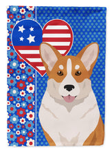 Load image into Gallery viewer, Red Cardigan Corgi Patriotic Heart Garden Flag – Red, White &amp; Blue Dog Decor with Star Background
