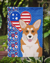 Load image into Gallery viewer, Red Pembroke Corgi Patriotic Heart Garden Flag – Red, White &amp; Blue Dog Decor with Star Background
