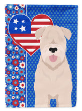 Load image into Gallery viewer, Soft Coated Wheaten Terrier Patriotic Heart Garden Flag – Red, White &amp; Blue Dog Decor with Star Background