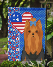 Load image into Gallery viewer, Black and Tan Full Coat Yorkshire Terrier Patriotic Heart Garden Flag – Red, White &amp; Blue Dog Decor with Star Background