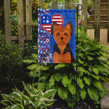 Load image into Gallery viewer, Black and Tan Puppy Cut Yorkshire Terrier Patriotic Heart Garden Flag – Red, White &amp; Blue Dog Decor with Star Background