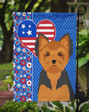 Load image into Gallery viewer, Black and Tan Puppy Cut Yorkshire Terrier Patriotic Heart Garden Flag – Red, White &amp; Blue Dog Decor with Star Background