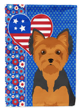 Load image into Gallery viewer, Black and Tan Puppy Cut Yorkshire Terrier Patriotic Heart Garden Flag – Red, White &amp; Blue Dog Decor with Star Background