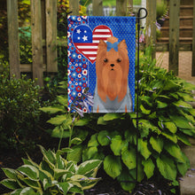Load image into Gallery viewer, Blue and Tan Full Coat Yorkshire Terrier Patriotic Heart Garden Flag – Red, White &amp; Blue Dog Decor with Star Background