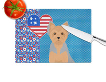 Load image into Gallery viewer, Blue and Tan Puppy Cut Yorkshire Terrier USA American Glass Cutting Boards – Durable, Decorative Kitchen Art Large