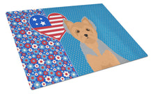 Load image into Gallery viewer, Blue and Tan Puppy Cut Yorkshire Terrier USA American Glass Cutting Boards – Durable, Decorative Kitchen Art Large