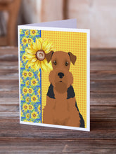 Load image into Gallery viewer, Summer Sunflowers Black and Tan Airedale Terrier Greeting Cards -  Blank Note Cards – 8-Pack of Artist-Designed Cards with Envelopes