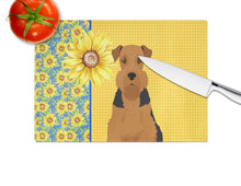 Load image into Gallery viewer, Summer Sunflowers Black and Tan Airedale Terrier Glass Cutting Boards – Durable, Decorative Kitchen Art Large