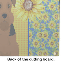 Load image into Gallery viewer, Summer Sunflowers Black and Tan Airedale Terrier Glass Cutting Boards – Durable, Decorative Kitchen Art Large