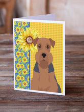 Load image into Gallery viewer, Summer Sunflowers Grizzle and Tan Airedale Terrier Greeting Cards -  Blank Note Cards – 8-Pack of Artist-Designed Cards with Envelopes