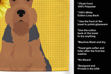 Load image into Gallery viewer, Summer Sunflowers Grizzle and Tan Airedale Terrier Kitchen Towel