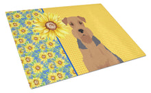 Load image into Gallery viewer, Summer Sunflowers Grizzle and Tan Airedale Terrier Glass Cutting Boards – Durable, Decorative Kitchen Art Large