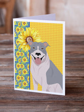 Load image into Gallery viewer, Summer Sunflowers Blue and White Pit Bull Terrier Greeting Cards -  Blank Note Cards – 8-Pack of Artist-Designed Cards with Envelopes