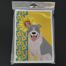 Load image into Gallery viewer, Summer Sunflowers Blue and White Pit Bull Terrier Greeting Cards -  Blank Note Cards – 8-Pack of Artist-Designed Cards with Envelopes