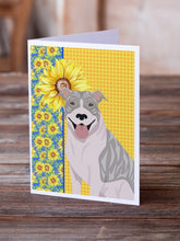 Load image into Gallery viewer, Summer Sunflowers Blue Brindle Pit Bull Terrier Greeting Cards -  Blank Note Cards – 8-Pack of Artist-Designed Cards with Envelopes