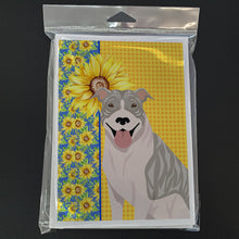 Load image into Gallery viewer, Summer Sunflowers Blue Brindle Pit Bull Terrier Greeting Cards -  Blank Note Cards – 8-Pack of Artist-Designed Cards with Envelopes