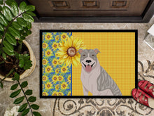 Load image into Gallery viewer, Summer Sunflowers Blue Brindle Pit Bull Terrier Doormat - 24x36 Decorative Floor Mat – Indoor/Outdoor Rug with Artistic Flair