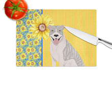 Load image into Gallery viewer, Summer Sunflowers Blue Brindle Pit Bull Terrier Glass Cutting Boards – Durable, Decorative Kitchen Art Large