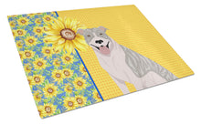 Load image into Gallery viewer, Summer Sunflowers Blue Brindle Pit Bull Terrier Glass Cutting Boards – Durable, Decorative Kitchen Art Large
