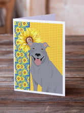 Load image into Gallery viewer, Summer Sunflowers Blue Pit Bull Terrier Greeting Cards -  Blank Note Cards – 8-Pack of Artist-Designed Cards with Envelopes