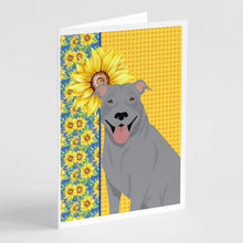 Load image into Gallery viewer, Summer Sunflowers Blue Pit Bull Terrier Greeting Cards -  Blank Note Cards – 8-Pack of Artist-Designed Cards with Envelopes