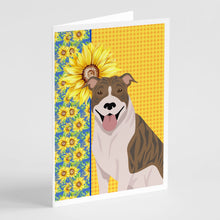 Load image into Gallery viewer, Summer Sunflowers Fawn Brindle Pit Bull Terrier Greeting Cards -  Blank Note Cards – 8-Pack of Artist-Designed Cards with Envelopes