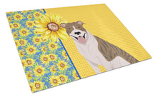 Load image into Gallery viewer, Summer Sunflowers Fawn Brindle Pit Bull Terrier Glass Cutting Boards – Durable, Decorative Kitchen Art Large