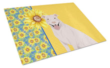 Load image into Gallery viewer, Summer Sunflowers White Pit Bull Terrier Glass Cutting Boards – Durable, Decorative Kitchen Art Large