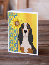 Load image into Gallery viewer, Summer Sunflowers Black Tricolor Basset Hound Greeting Cards -  Blank Note Cards – 8-Pack of Artist-Designed Cards with Envelopes