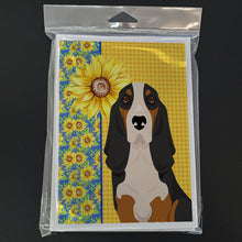 Load image into Gallery viewer, Summer Sunflowers Black Tricolor Basset Hound Greeting Cards -  Blank Note Cards – 8-Pack of Artist-Designed Cards with Envelopes