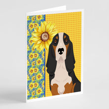 Load image into Gallery viewer, Summer Sunflowers Black Tricolor Basset Hound Greeting Cards -  Blank Note Cards – 8-Pack of Artist-Designed Cards with Envelopes