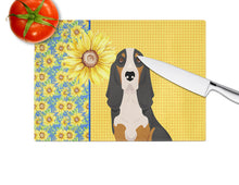 Load image into Gallery viewer, Summer Sunflowers Black Tricolor Basset Hound Glass Cutting Boards – Durable, Decorative Kitchen Art Large