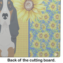 Load image into Gallery viewer, Summer Sunflowers Black Tricolor Basset Hound Glass Cutting Boards – Durable, Decorative Kitchen Art Large