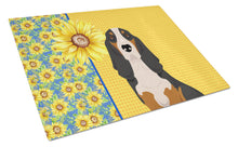 Load image into Gallery viewer, Summer Sunflowers Black Tricolor Basset Hound Glass Cutting Boards – Durable, Decorative Kitchen Art Large