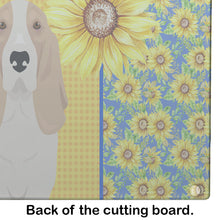 Load image into Gallery viewer, Summer Sunflowers Lemon and White Tricolor Basset Hound Glass Cutting Boards – Durable, Decorative Kitchen Art Large