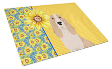 Load image into Gallery viewer, Summer Sunflowers Lemon and White Tricolor Basset Hound Glass Cutting Boards – Durable, Decorative Kitchen Art Large